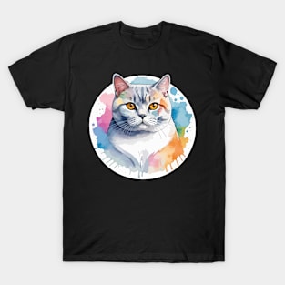 British Shorthair Cat Watercolor Drawing T-Shirt